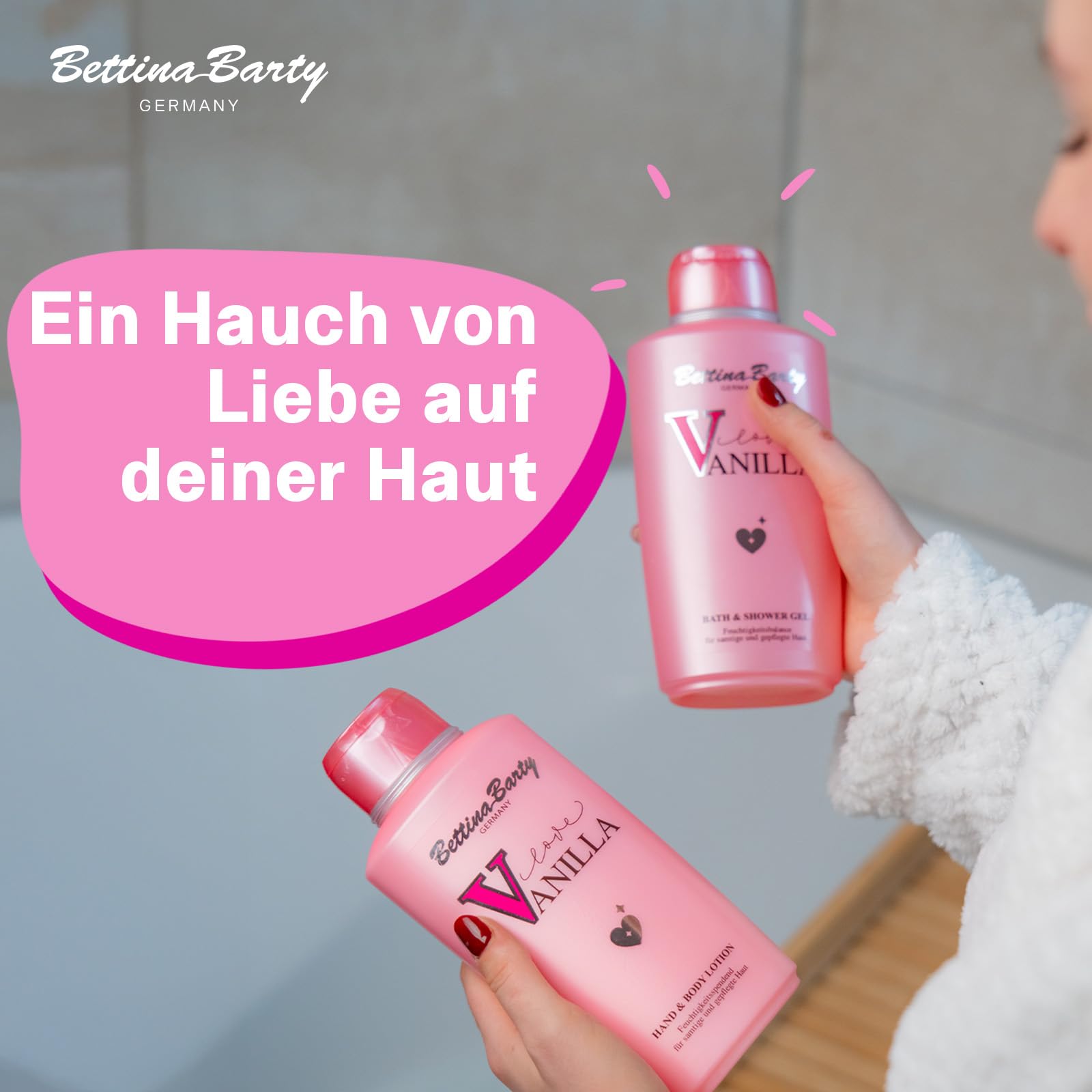 Bettina Barty Love Vanilla Bath & Shower Gel 12 x 500 ml – Duschgel mit süß-warmem Vanilleduft – Feuchtigkeitsspendende Pflege für alle Hauttypen