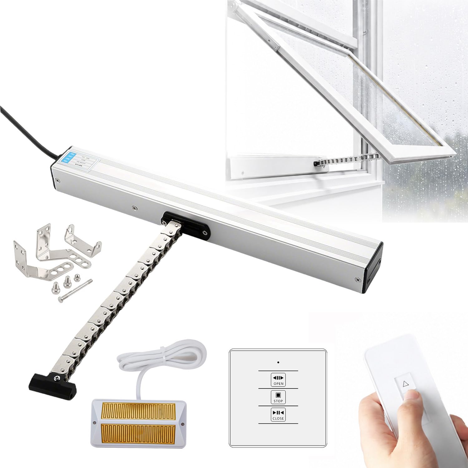 Apri-Finestra Elettrico con Sensore Pioggia E Telecomando,Corsa 300/400/500 Mm,Forza di Bloccaggio 400 N; Si-stema Silenzioso E Automatico per Lucernari, Serre E Aperture a Tetto 500mm
