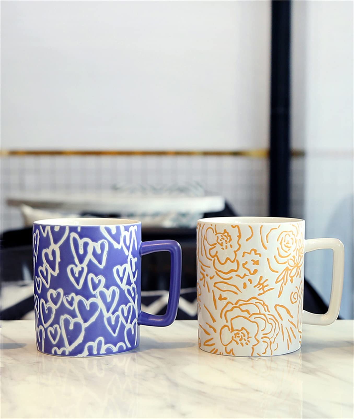 Duży kubek herbaty do biura i domu, ceramiczny kubek biurowy do kawy Kubek do picia w domu Dziewczyny, wzór kwiatowy/serce - fioletowy/pomarańczowy (Color : Orange-B)
