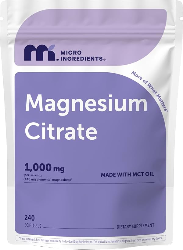 Citrato de Magnesio Micro Ingredients 1000 mg por Porción, 240 Cápsulas Blandas | Suplemento de Magnesio para Hombres y Mujeres | Elaborado con Aceite MCT | No-GMO, Sin Gluten