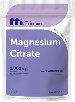 Micro Ingredients Magnesium Citrate 1,000 mg Per Serving, 240 Softgels | Magnesium Supplements for Men and Women | Made with MCT Oil | Non-GMO, Gluten Free