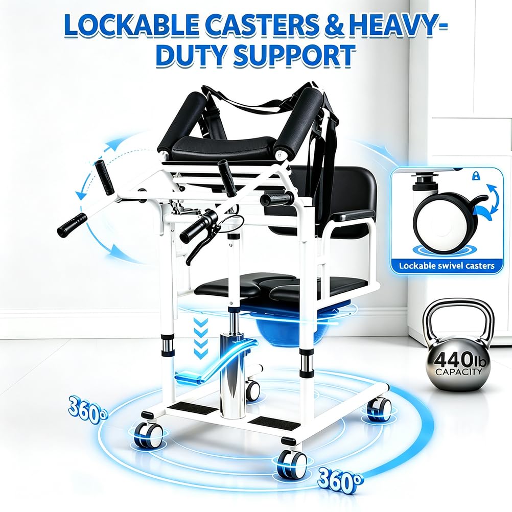 Elevador hidráulico para Pacientes con tapicería de 180°, 200 kg | Sillón elevador ergonómico fabricado en acero al carbono con ruedas giratorias silenciosas de 360°