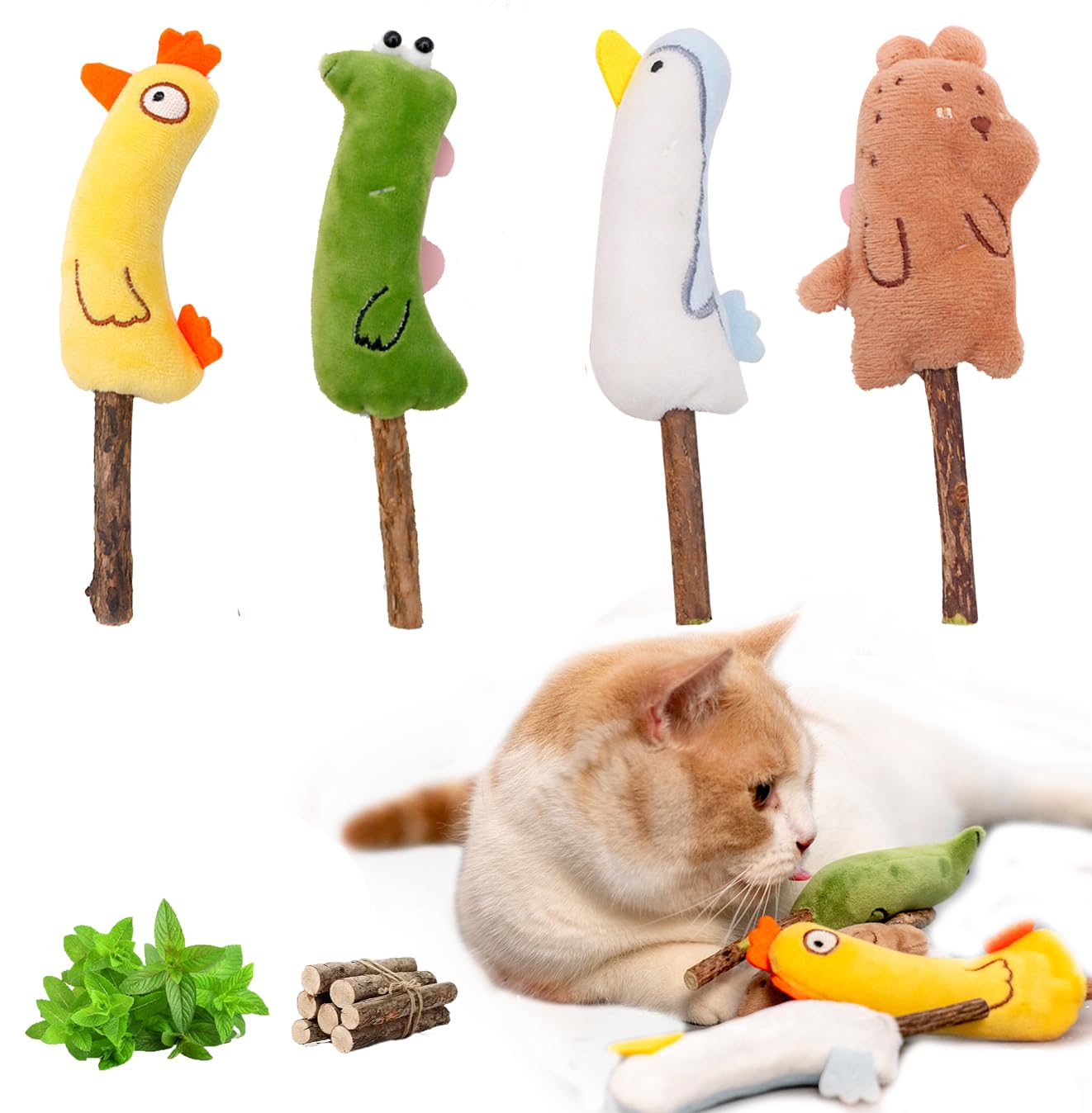Petelligent 4-Pack Catnip Toys with Silvervine Stick Cat Toys with Various Cute Animal Styles, Plush Cat Toys for Indoor Cats, Cat Chew Toys Kitten Toys