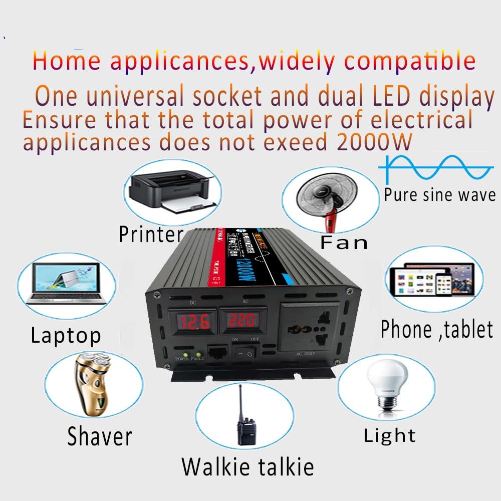 Genérico Inversor De Onda Sinusoidal Pura 3000W A 12000W, CC 12/24/48/60V A CA 220V, Pantalla Digital Dual Y 1 Toma Universal, Inversor De Energía Solar Independiente, para Uso Doméstico(12000W,12V)