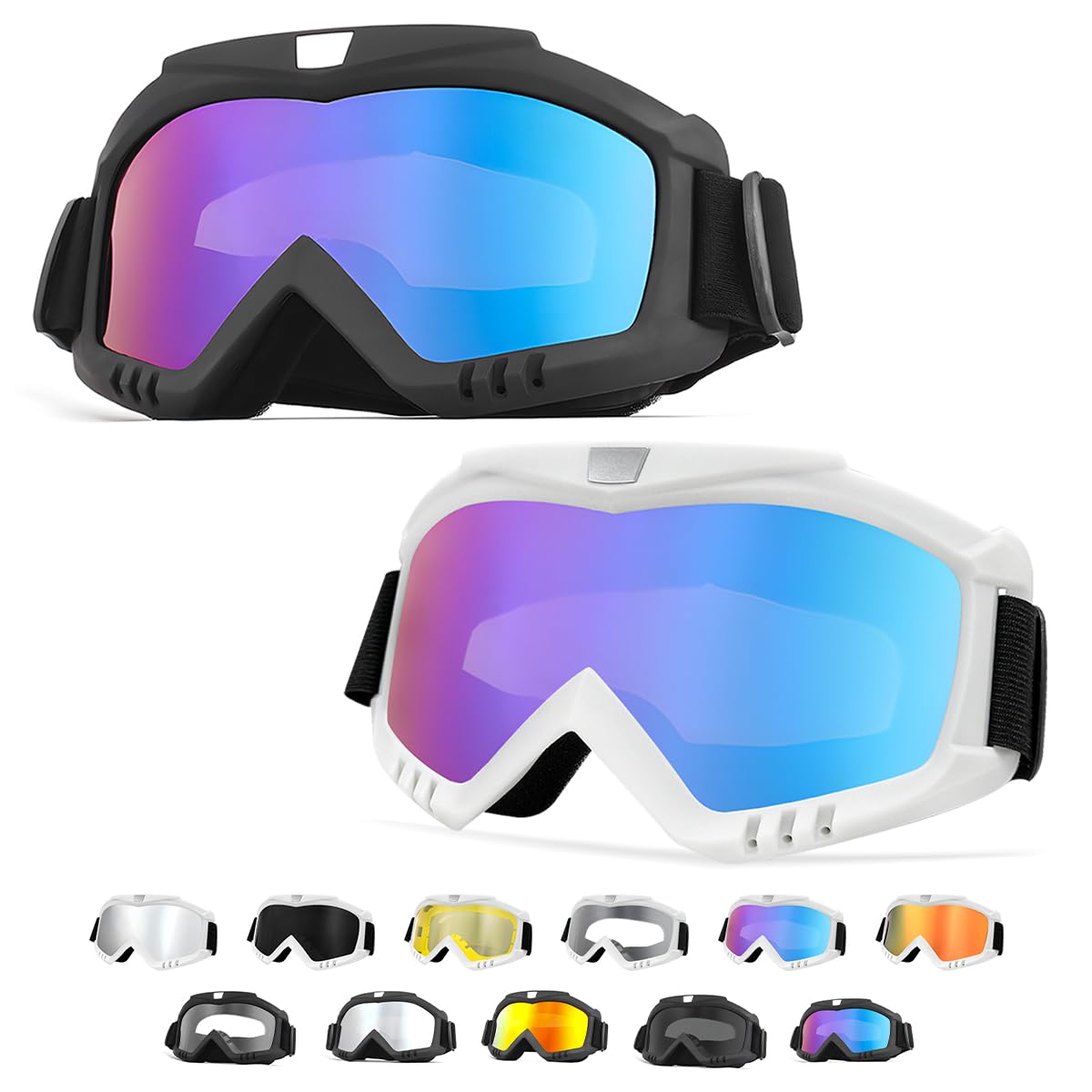 Yourkar 2PCS Dirt Bike Goggles, Windproof ATV Off-Road Goggle, Wide Vision Riding Motorcycle Goggles, Motorcycle Accessories (Colorful+Colorful)