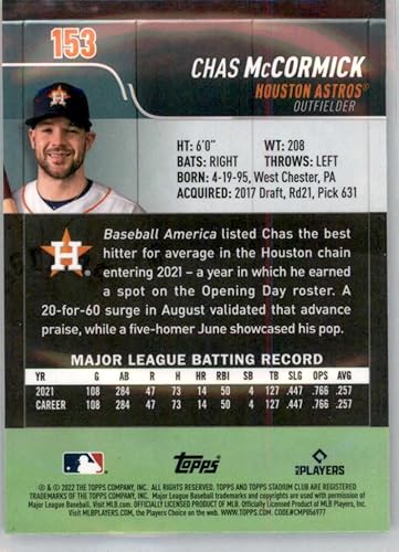 Miniatura 2 de 2022 Stadium Club Chrome #153 Chas McCormick RC Rookie Houston Astros MLB Baseball Trading Card