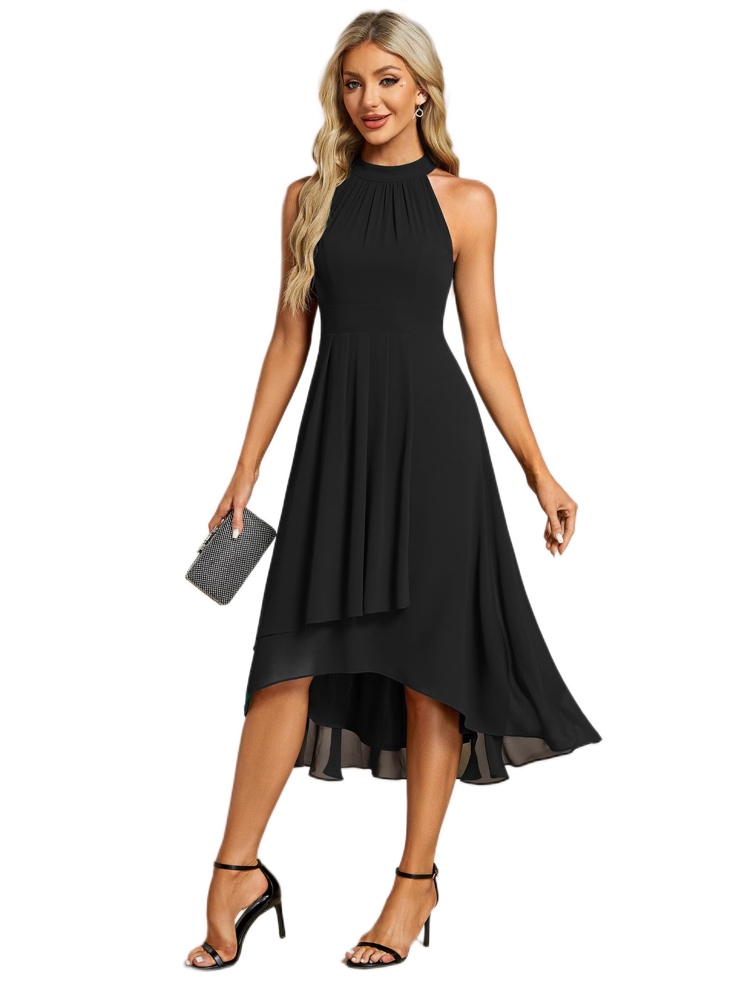 Ever-Pretty Vestido de Invitada Sin Respaldo Pliegues High Low Muselina Dobladillo Irregular Chic Vestido de Noche Elegante EG31926