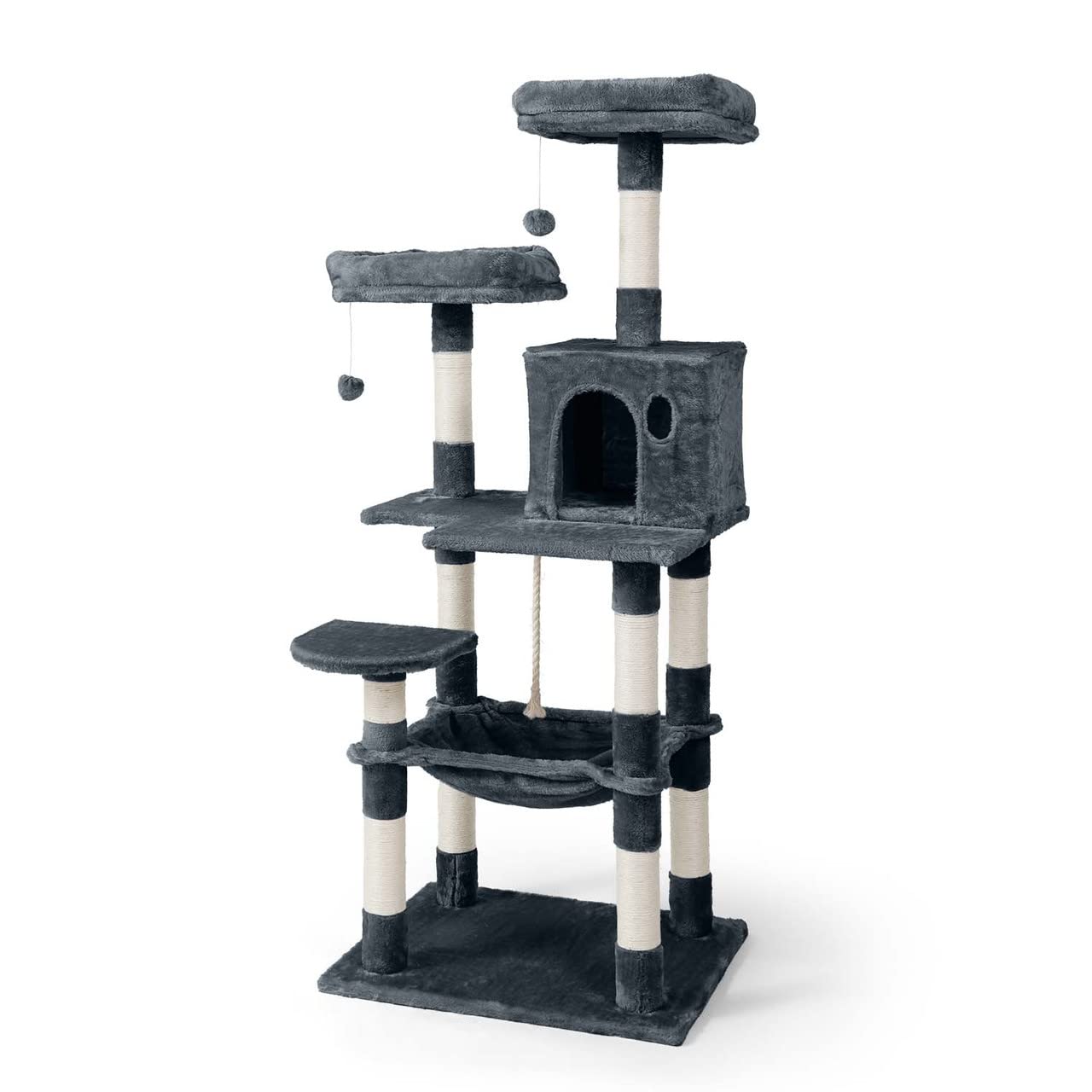 CAPHAUSExtra Wide, Tall Cat Activity Tree w/Two Top Perch, Scratching Posts, Multi-Level Play Tower for Cute Indoor Cats, 58-Inch Modern Cat Tree w/Cat Cave Condo, for Large Cats Kittens