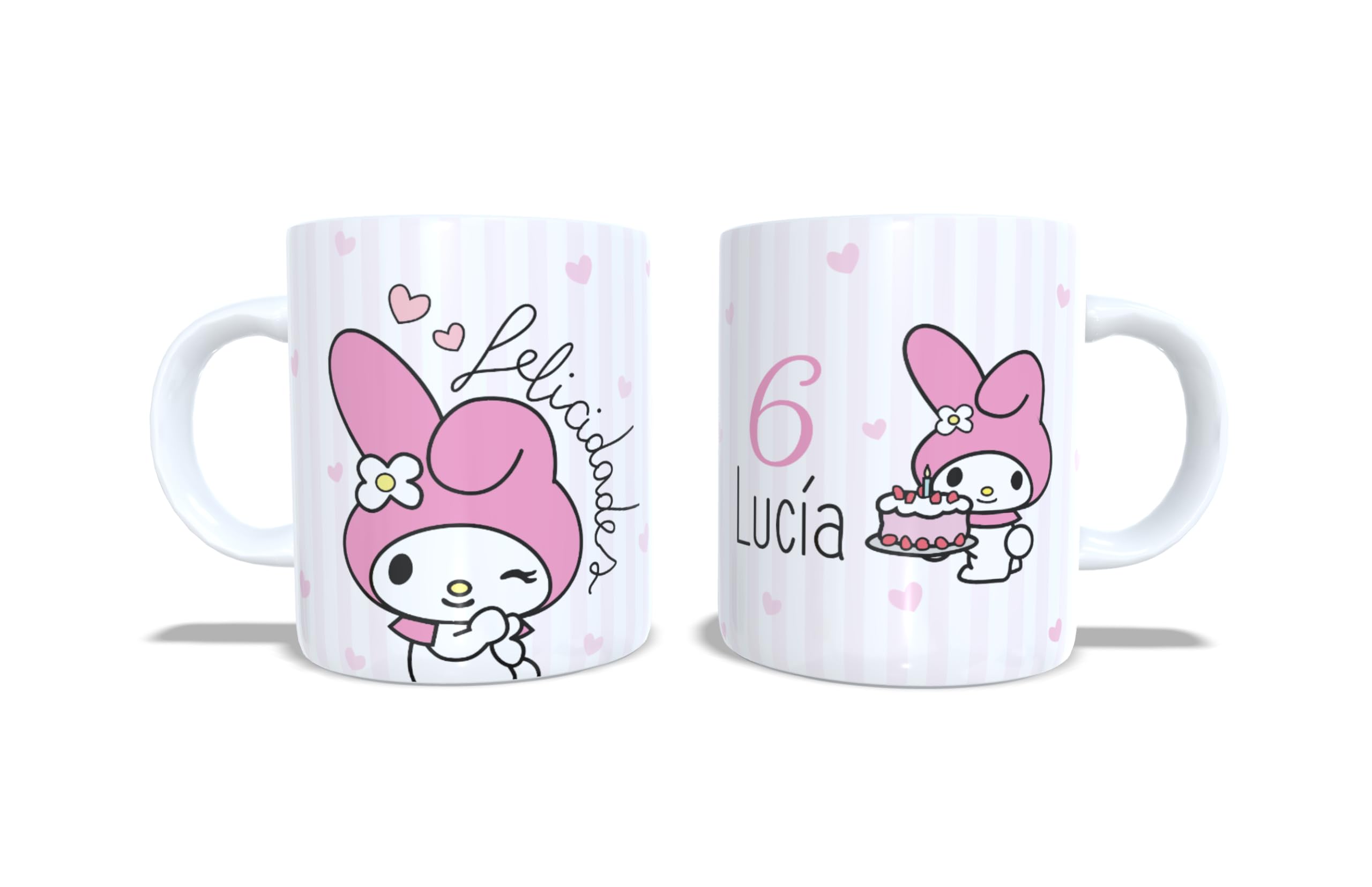 Taza personalizada My Melody para regalo con nombre y edad de cumpleaños. Detalle para celebraciones