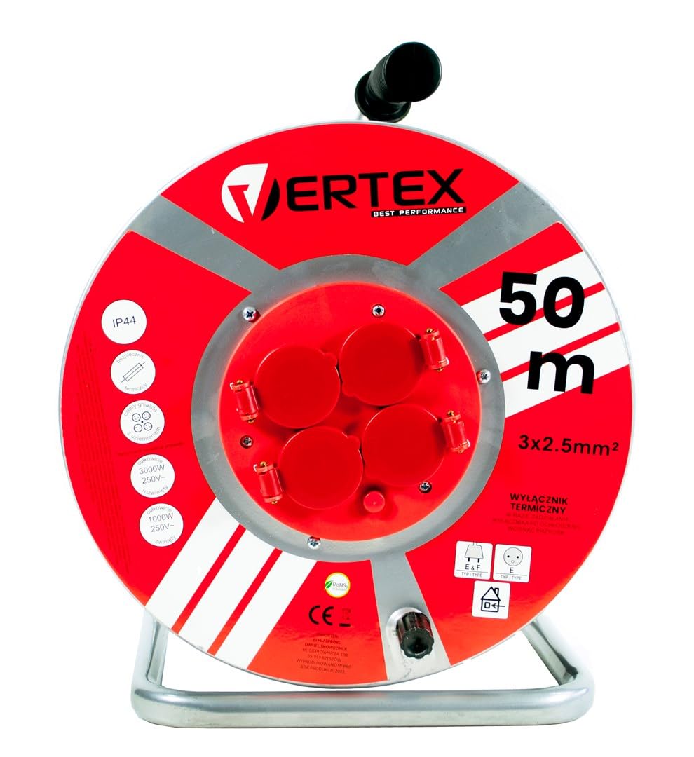 Vertex PB50METAL - Cable de extensión (50 m, 3 x 2 5 mm, 3000 W, IP44), color negro