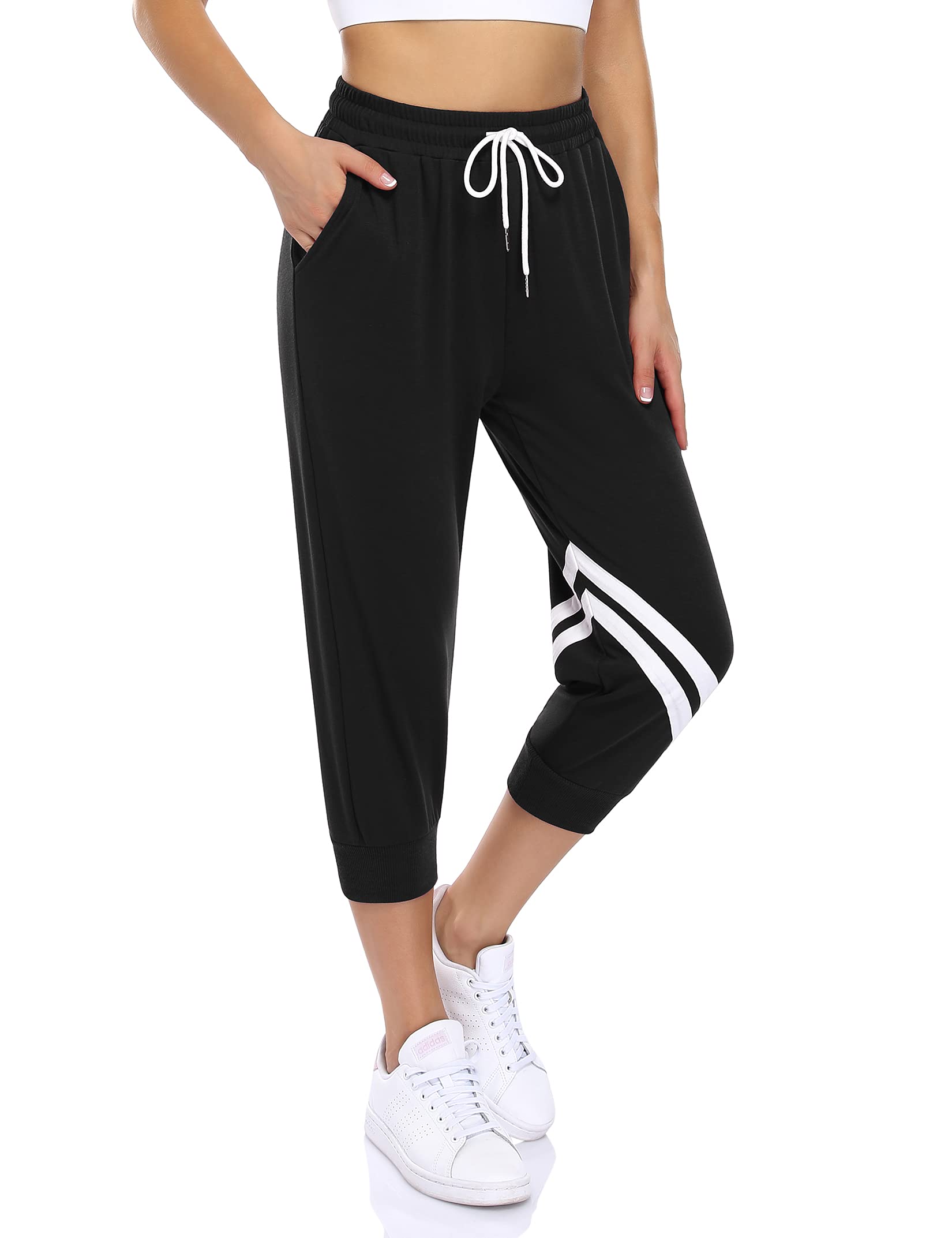 Women Capri Sweatpants Joggers with Pockets Capris High Waist Drawstring Yoga Running Workout Casual Capri Pants