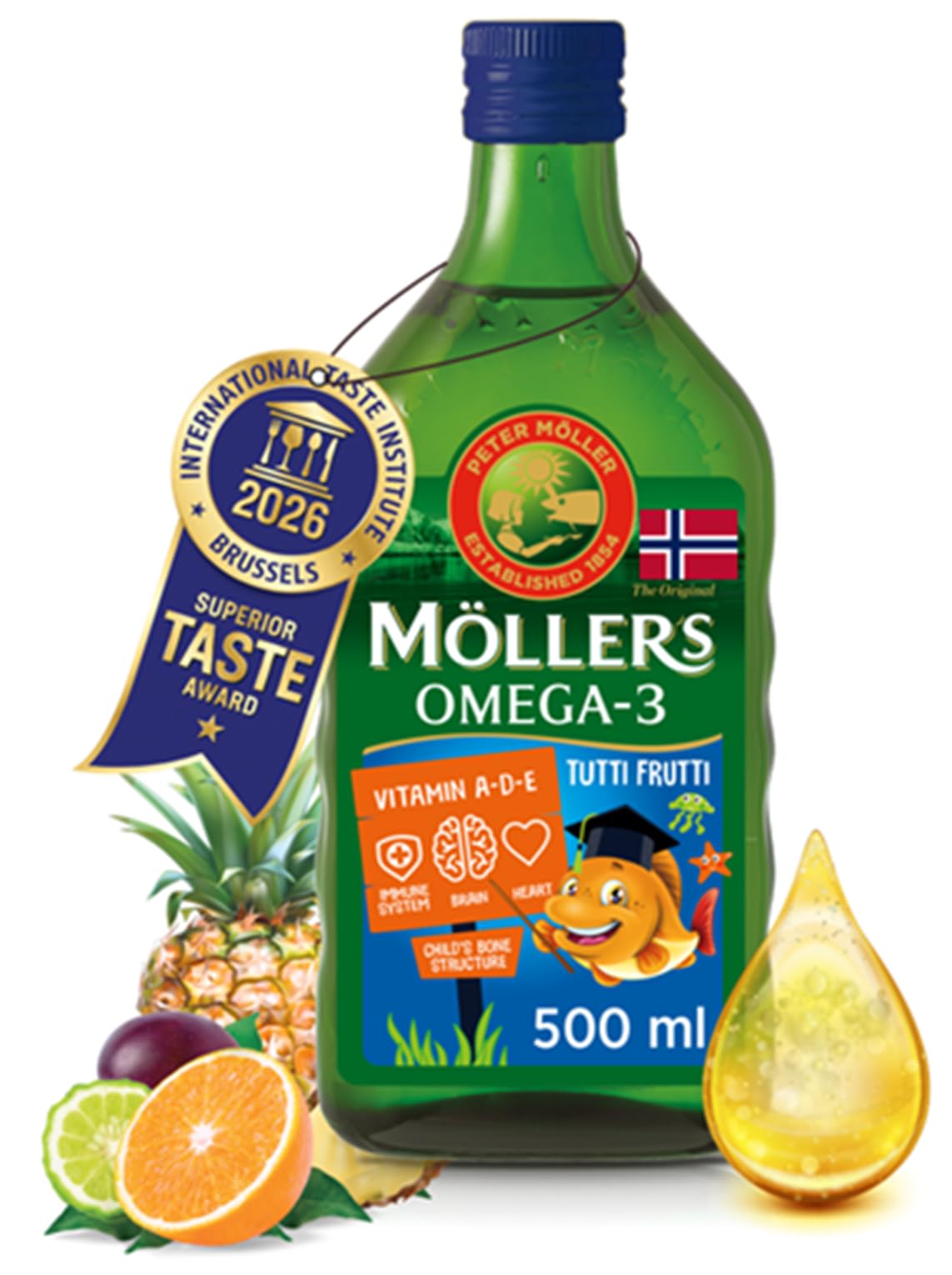 Moller’s ® | Omega 3 for kids Cod Liver Oil | Nordic Omega-3 Dietary Supplements with EPA, DHA, Vitamin A, D & E | Pure, Natural cod Liver Oil Liquid | 166-year-old-brand | Tutti Frutti Taste | 500 ml