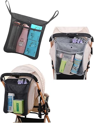 Miniatura 4 de Paquete de 2 organizadores para cochecito de bebé con dos compartimentos, bolsillo frontal de malla para almacenamiento de pañales de biberón, se