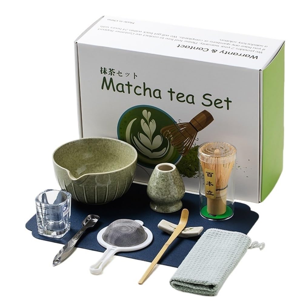 Japanese Matcha Tea Set 10 Pcs Ceramic Matcha Bowl, Ceramic Whisk Holder, Matcha Whisk, Scoop, Sifter, Matcha Caddy, Tea Making Kit, Handmade Japanese Tea Ceremony Matcha Tea Kit(Dark Green-b)