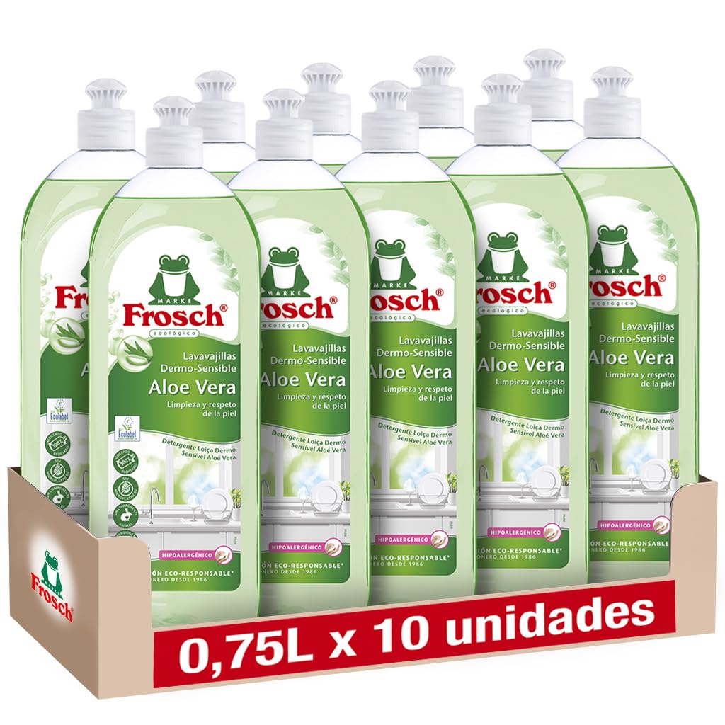 Frosch Lavastoviglie a Mano Liquido Lozione Ecologico Aloe Vera, Dermo-sensibile, Pulizia efficace e protegge la pelle, confezione da 10 pezzi x 750 ml