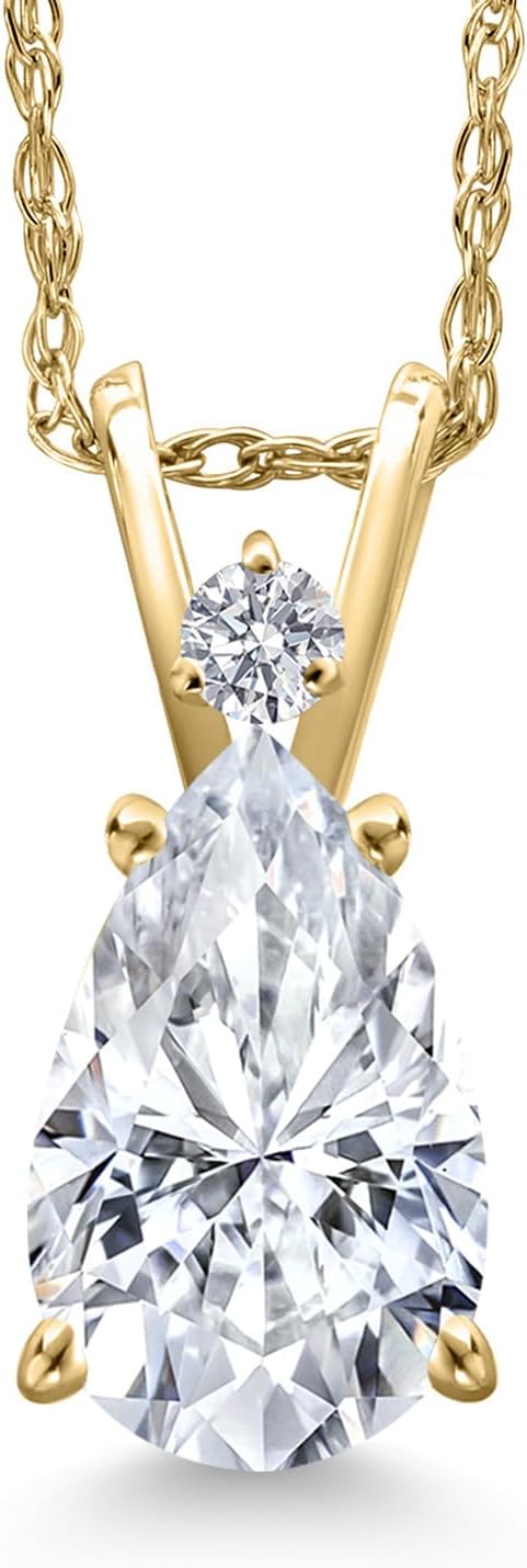 Gem Stone King 14K Yellow Gold White Moissanite and Lab Grown Diamond Pendant Necklace for Women | 1.99 Cttw | Gemstone Birthstone | Pear Shape 10X7MM | With 18 Inch Chain