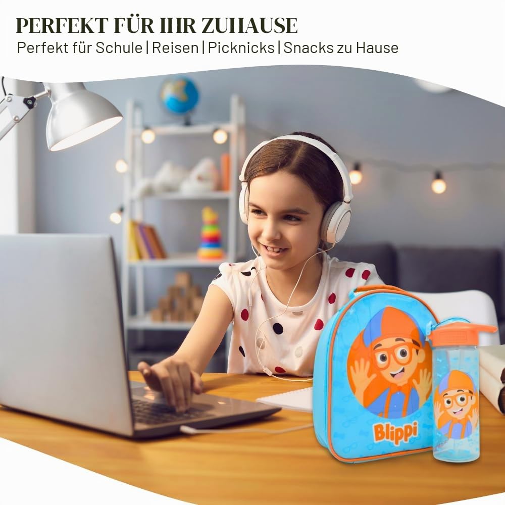 HOX 94833 Blippi Set Kinder Lunchtasche und Wasserflasche mit aufklappbarem Trinkhalm, Polyester