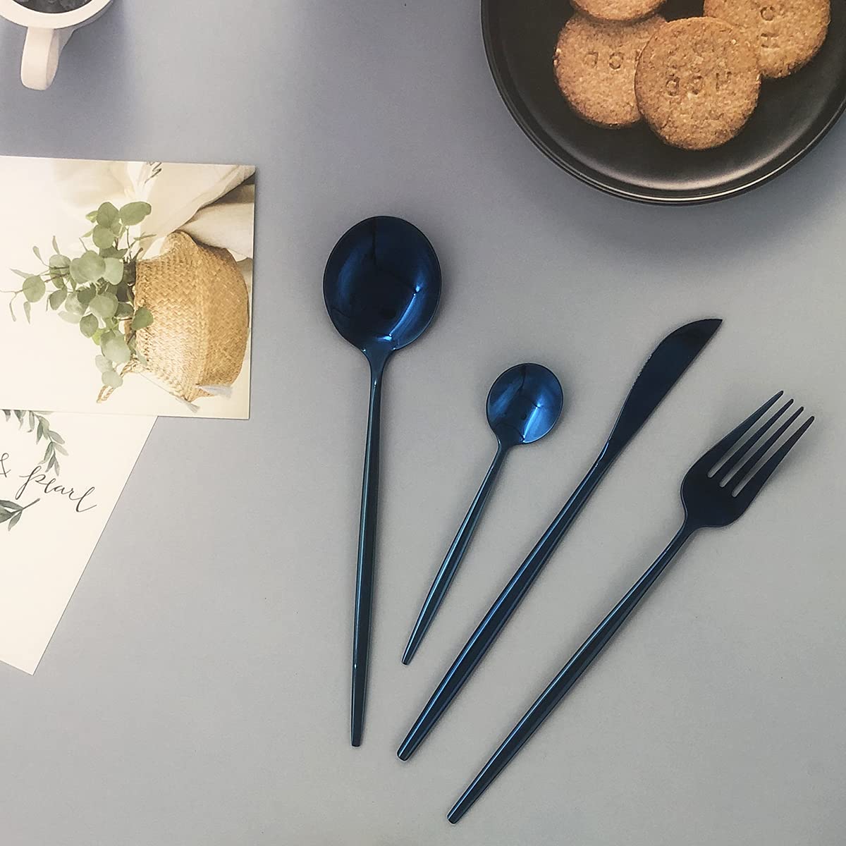 Blaues Besteck-Set, 24-teilig, Edelstahl, hochglanzpoliert, Besteck-Set, Messer, Gabel und Löffel, für Zuhause und Restaurant, spülmaschinenfest