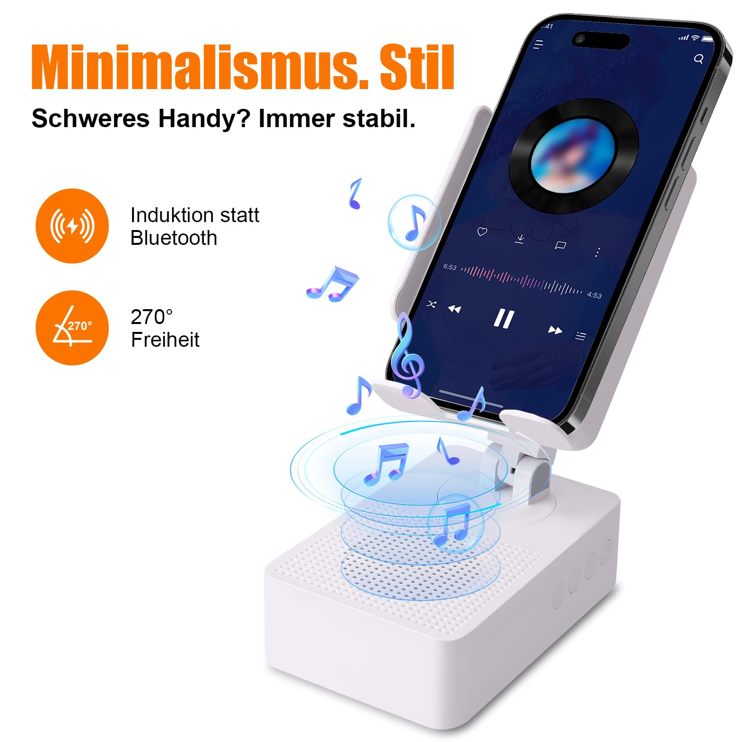 EDUPLINK Altoparlante Bluetooth con supporto per cellulare, induttivo e regolabile a 270°, per smartphone Samsung, altoparlante per cucina, ufficio, anziani, regalo per uomini, nero (bianco)