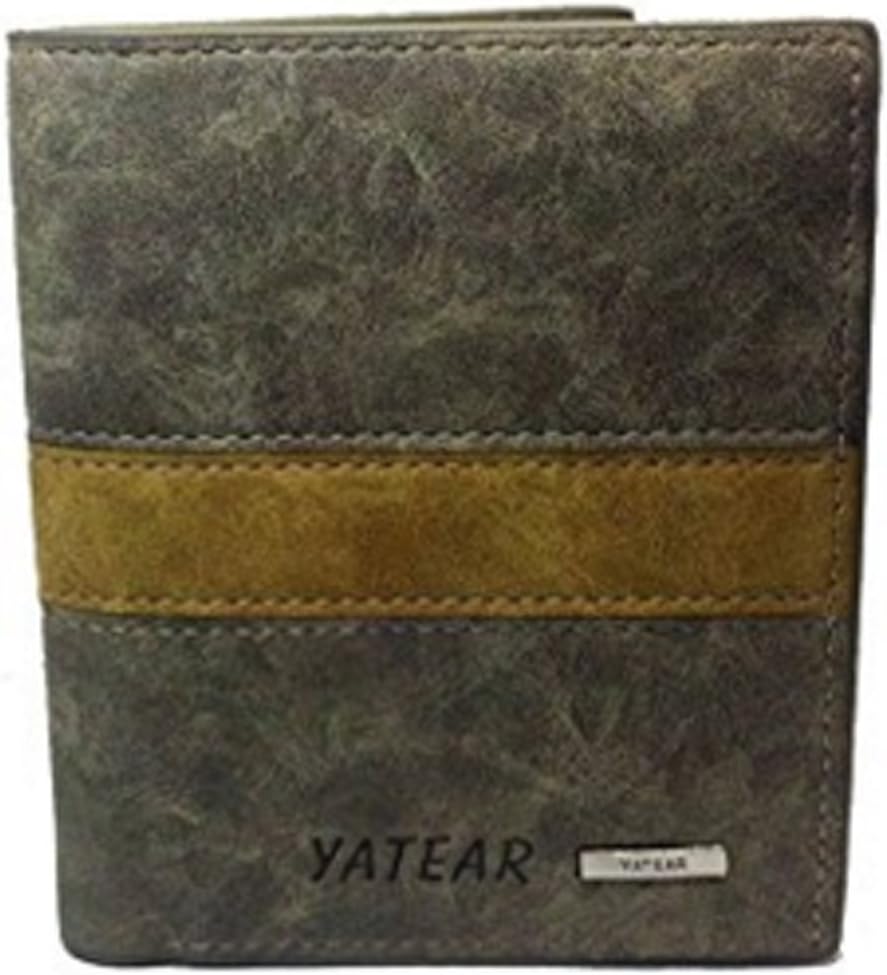 Men's Genuine Leather Trifold Verical Wallet Dark Gray Yatear Middle Stripe