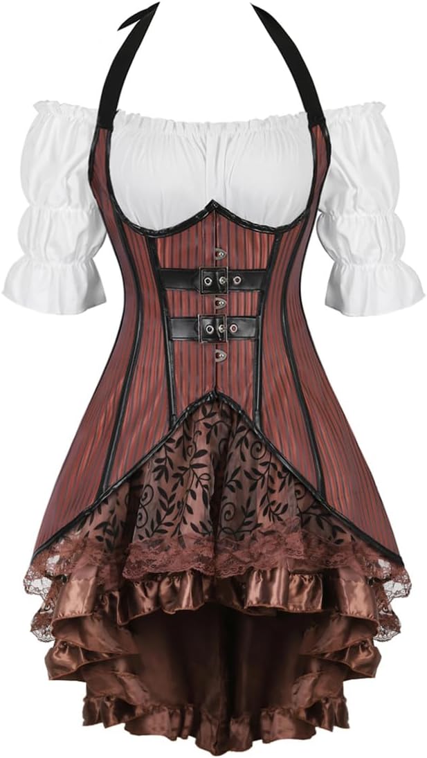 Grebrafan Women Steampunk Corset Top With Pirate Skirt and Gothic Blouse