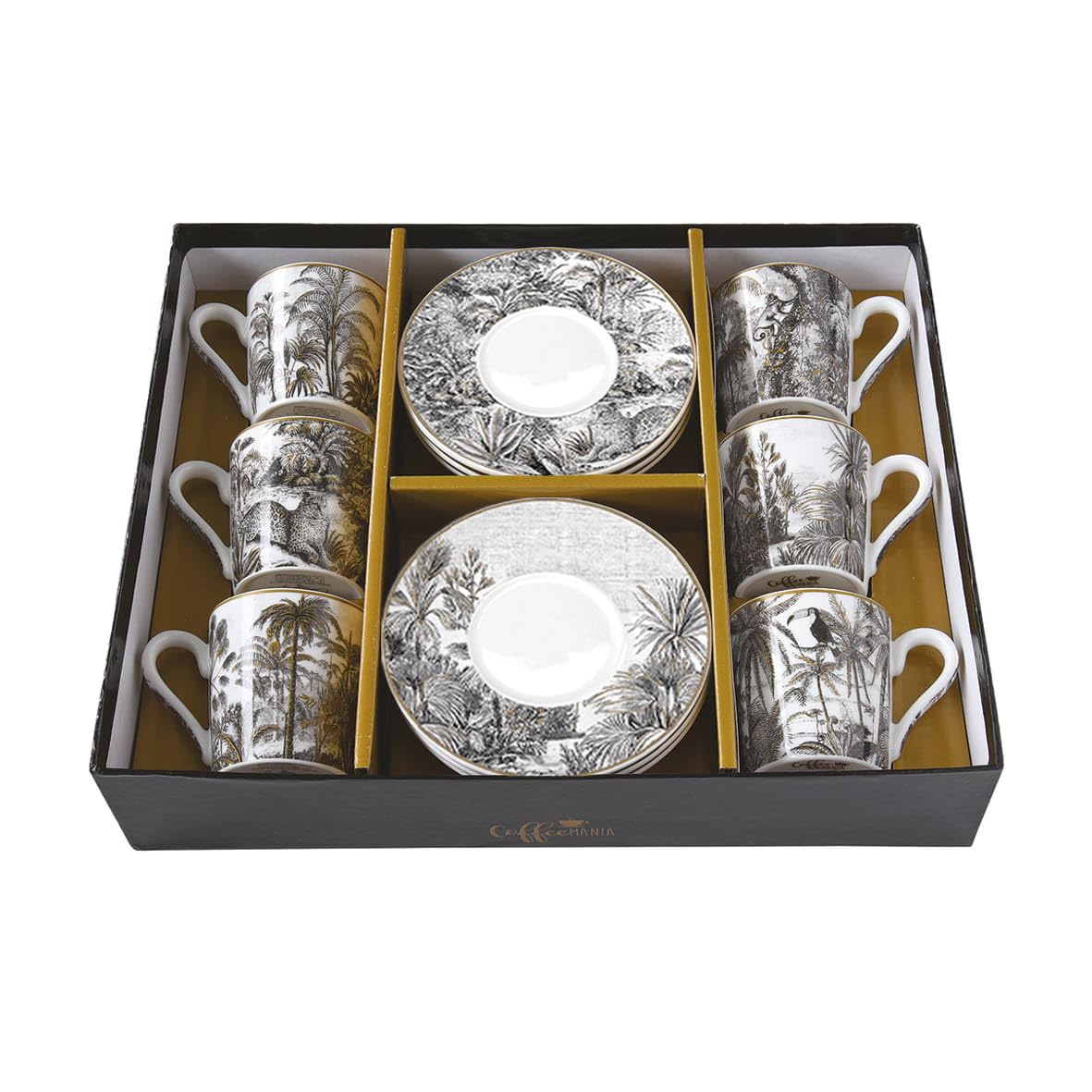 COFFRET 6 TASSES A CAFE 10CL EN PORCELAINE RETRO JUNGLE, Noir