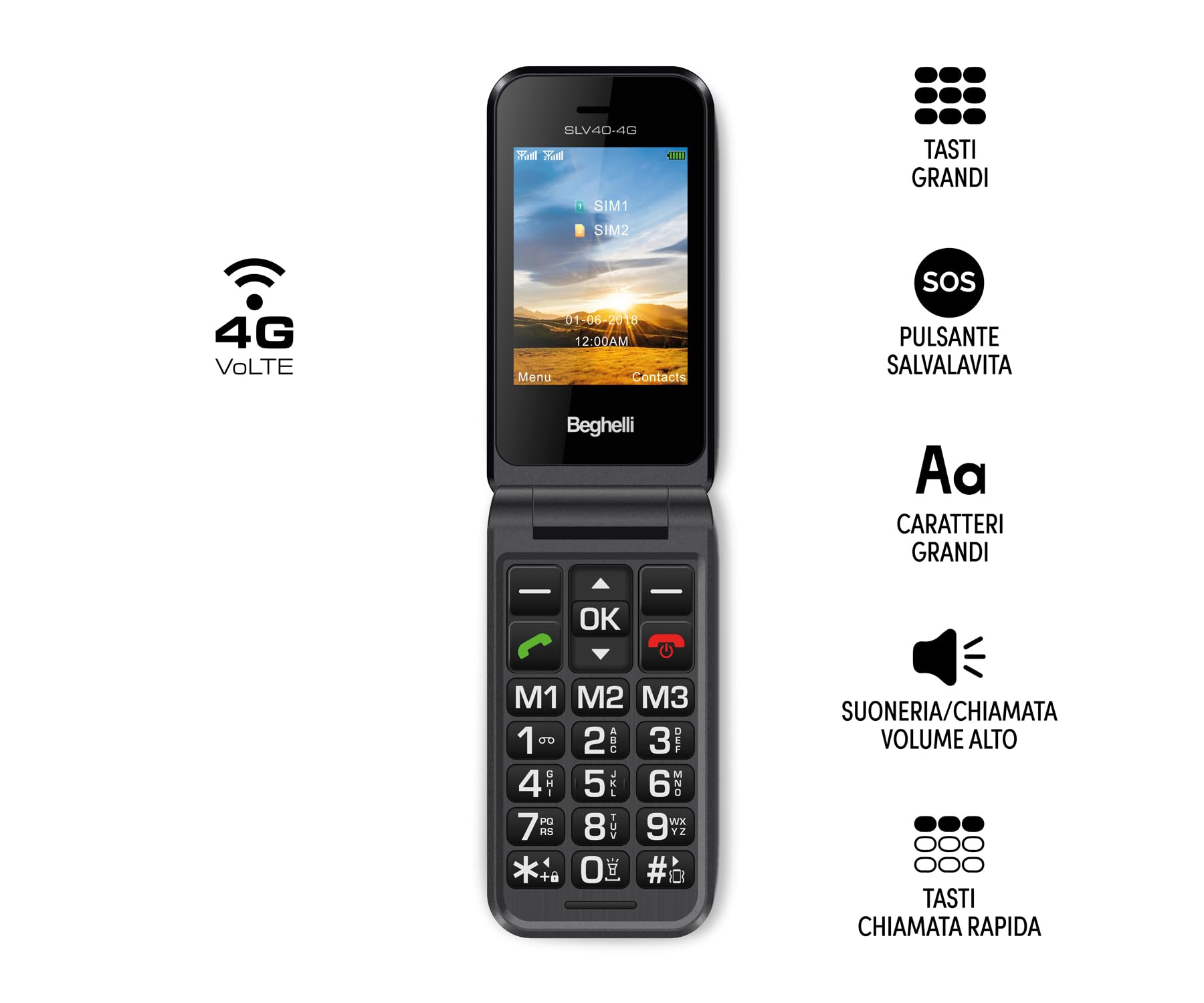 Beghelli - Telefono Anziani Salvalavita SLV40, Conchiglia, 4G, con Tasto SOS e Chiamata Rapida, Cellulare con Grandi Tasti, Volume Alto, Display 2.8", Torcia, Radio, Fotocamera - Colore: Nero