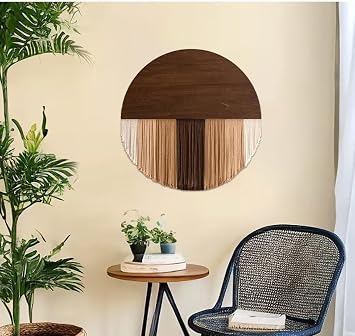 SlenyuBridal Macrame Wall Hanging Creative and Cotton Thread Woven Tassel Tapestry, Handmade Solid Wood Round Tapestry Brown