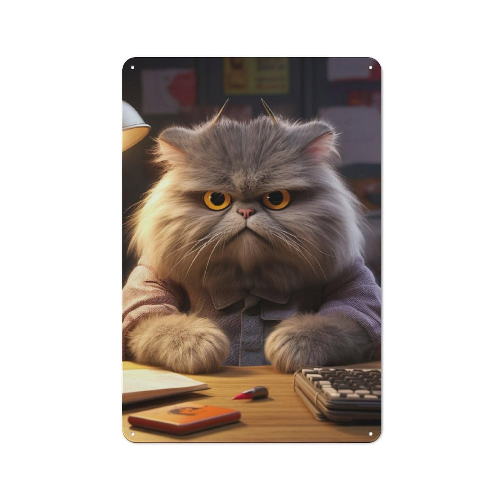 Junmoney Angry Fluffy Cat Studying Industrial Decorative Metal Plaque 30X20cm, Studio Wall Art For Flat, Bar, Studio Or Gallery Wall