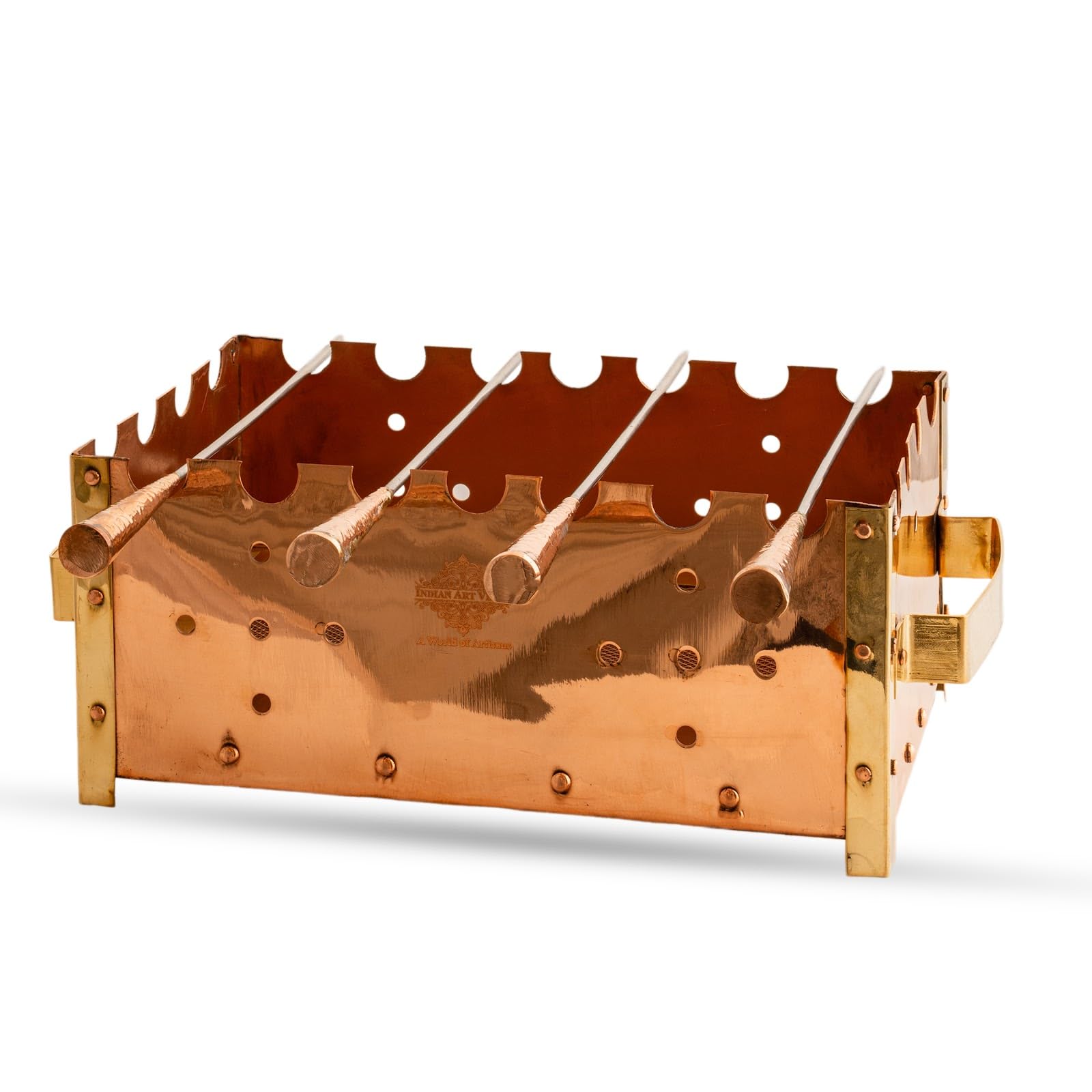 INDIAN ART VILLA Copper Barbeque Grill Set, Home & Outdoor Charcoal Grill Oven with 3 Skewers, Premium BBQ Accessories for Grilling, Portable and Durable (Big)-image-5