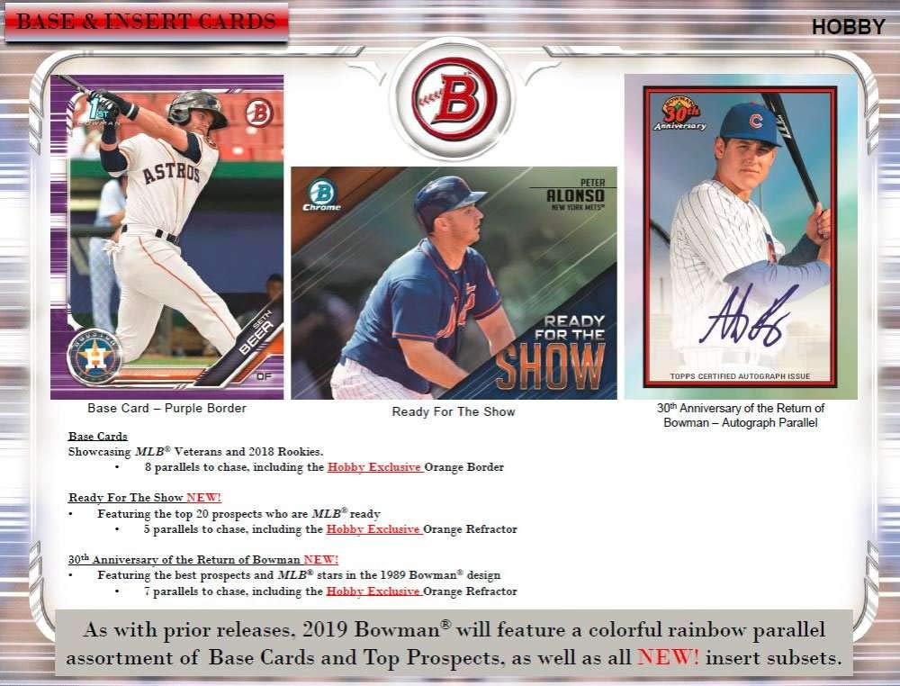 2019 Bowman Baseball Hobby Box (24 Packs/10 Cards: 1 Autograph)