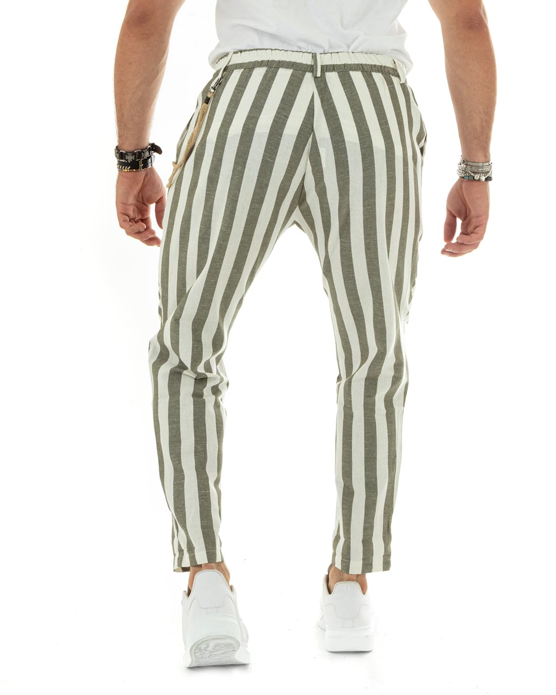 Giosal Pantaloni Uomo Lino Elastico Rigato Chiusura con Bottone Catena Elegante Casual