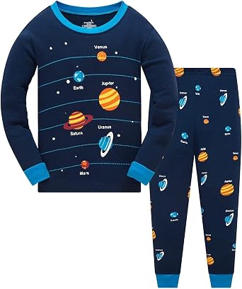 Popshion Boys Pajamas 100% Cotton Toddler Clothes Set Planet Dinosaur Long Sleeve Sleepwear 2 Piece Kids Pjs Size 3-10 Years