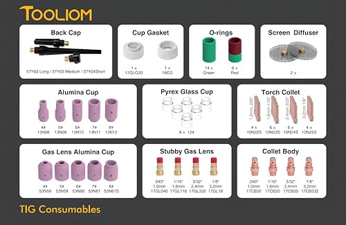 Miniatura 7 de TOOLIOM 71 piezas Kit de accesorios para antorcha de soldadura TIG, lente de gas gruesa, copa de vidrio, copa de cerámica, kit de tapa trasera para