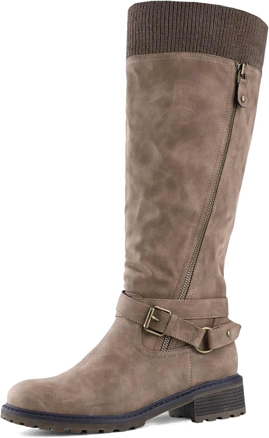 Shoe'N Tale Women's Wide Calf Knee High Boots Stretchy Low Heel Round Toe Winter Boots with Side Zipper