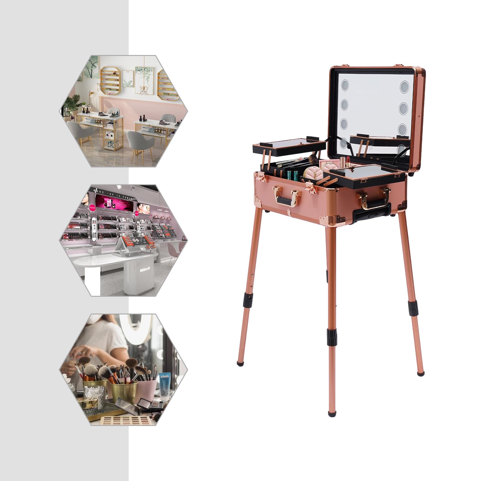 Stazione trucco professionale con illuminazione a LED, tavolo da toeletta con 4 ruote, altezza regolabile, grande specchio e ripiani estraibili
