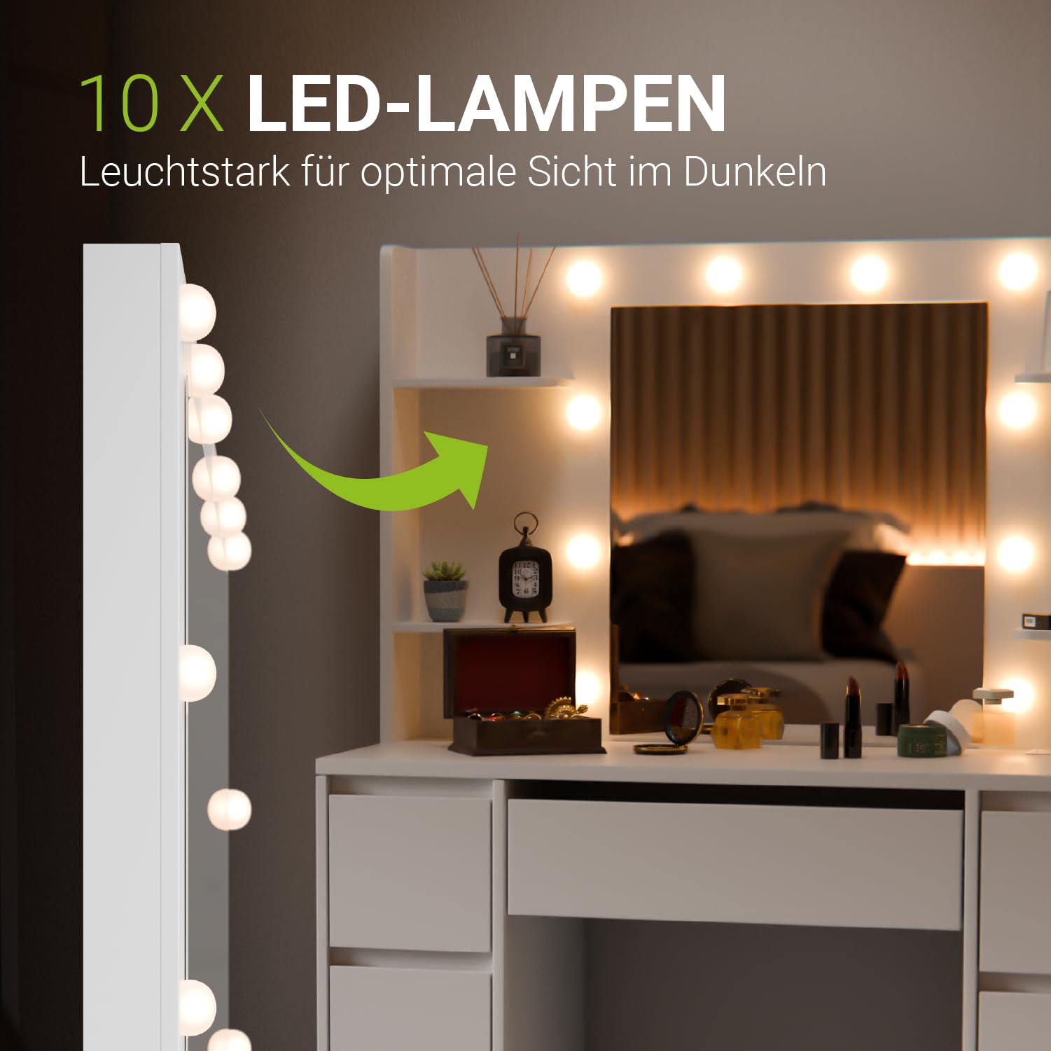 Juskys Schminktisch Malia mit LED-Spiegel, 7 Schubladen, individuelle Lichteinstellung, viel Stauraum, modernes Design, kompakt & pflegeleicht für Make-up