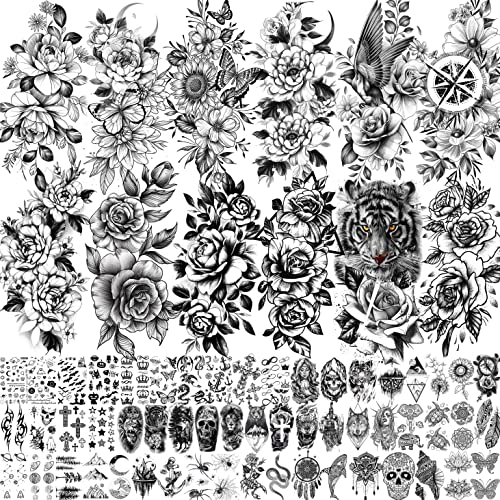 Joehapy 67 Sheets Black Realistic Flower Temporary Tattoos For Women Girls Arm Thigh, 3D Rose Peony Floral Temp Tattoo Stickers Adults Tiger Moon, Waterproof Fake Tattoos That Look Real And Last Long #TOP5