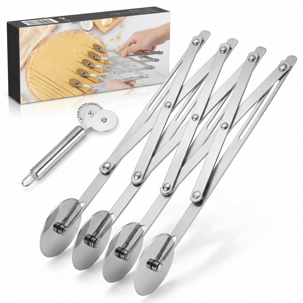 Tagliapasta – 5 ruote espandibili in acciaio per affettatrice per pasticceria multiuso, ideale per pizze, biscotti, pasticcini, ravioli, facile da usare, utensile da cucina