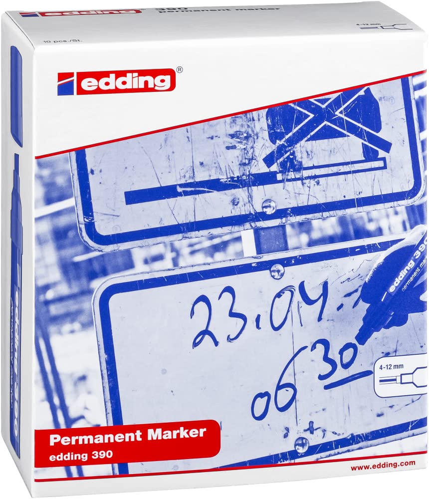 edding 390 Permanentmarker - schwarz - 10 Stifte - dicke Keilspitze 4-12 mm - wasserfest, schnell-trocknend - Multimarker, Universalstift - für Karton, Kunststoff, Holz, Metall, Glas, Stein, Leinwand