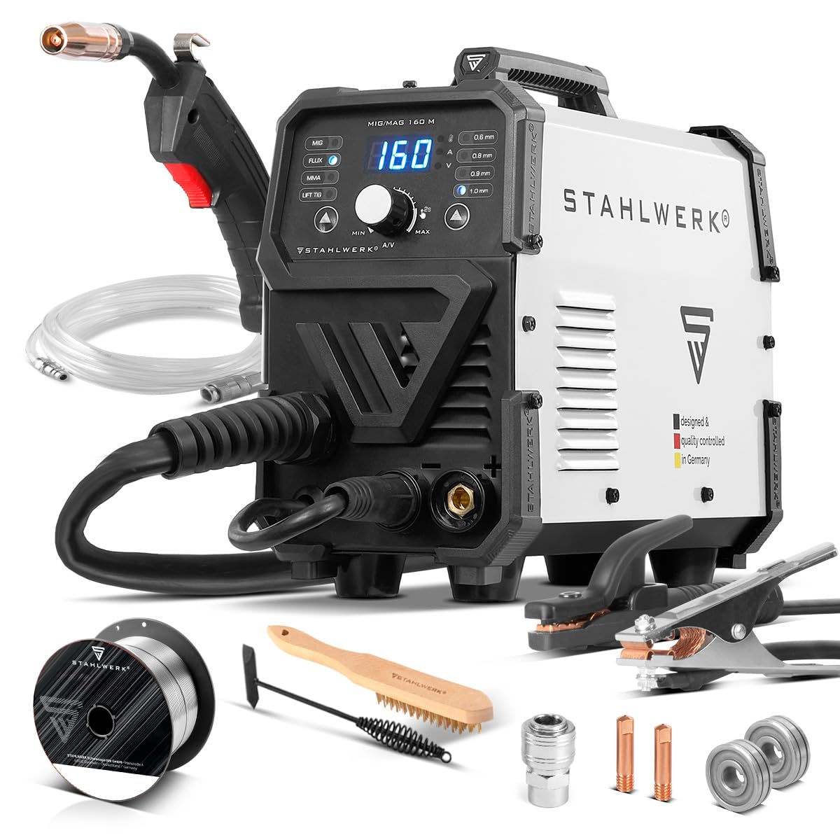 STAHLWERK Soldadora MIG/MAG 200 ST – Máquina de soldar Inverter con 200 A, equipo de gas protector con avance de hilo sinérgico, apto para FLUX (hilo hueco), funcional para Lift-TIG & MMA/Electrodo