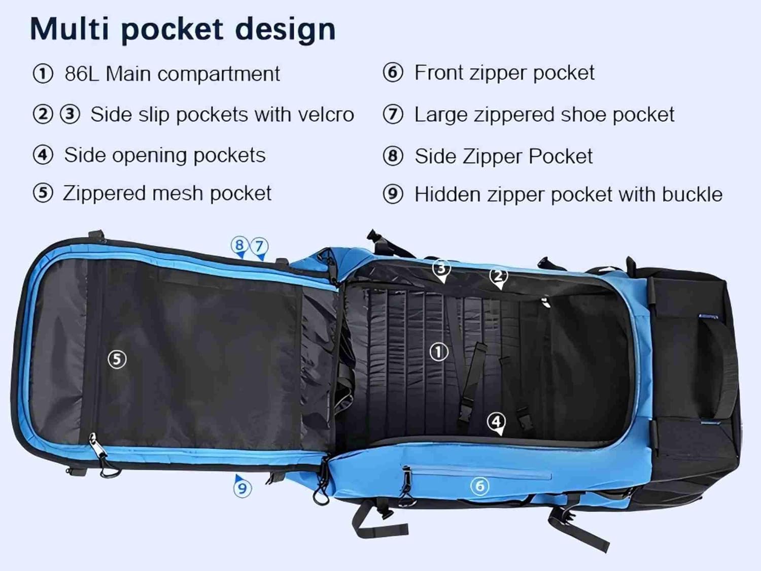 29" 86L Foldable Wheeled Duffle Bag, Waterproof Travel Rolling Backpack with Quilted Bottom, Blue - Image 4