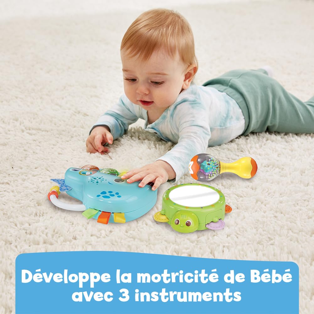 VTech – Estuche de música de Mis primeros instrumentos, primeros juguetes para bebés, piano luminoso e interactivo, pandereta espejo y sonajero Maracas, regalo de nacimiento – Contenido en francés