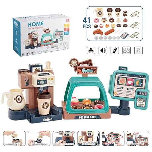 Pretend - Juego de café para niños, máquina de café con sonido, donut, postre, tartas, café, niños, accesorios de cocina para niños de 3 a 8 años de edad Cover