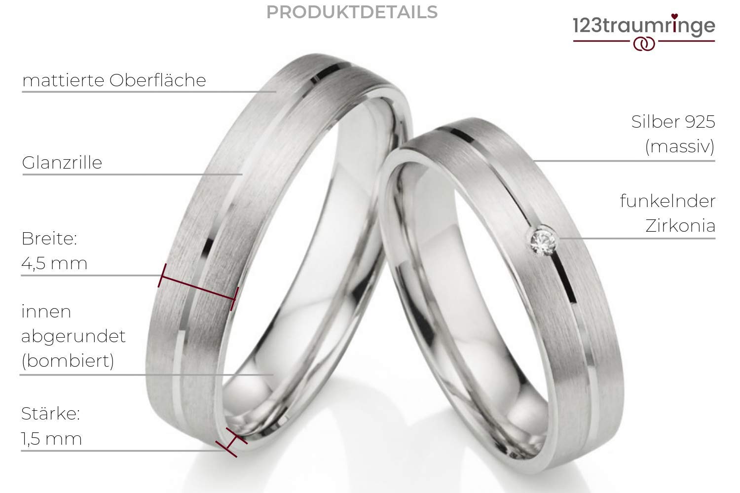 123traumringe Eheringe in 925 Silber I Partnerringe mit Etui & Gravur I Damenring mit 1 Zirkonia I Wählbare Ringgröße 50-70 mm I Hochwertige Verlobungsringe in 4,5 mm Breite & 1,5 mm Stärke I S74