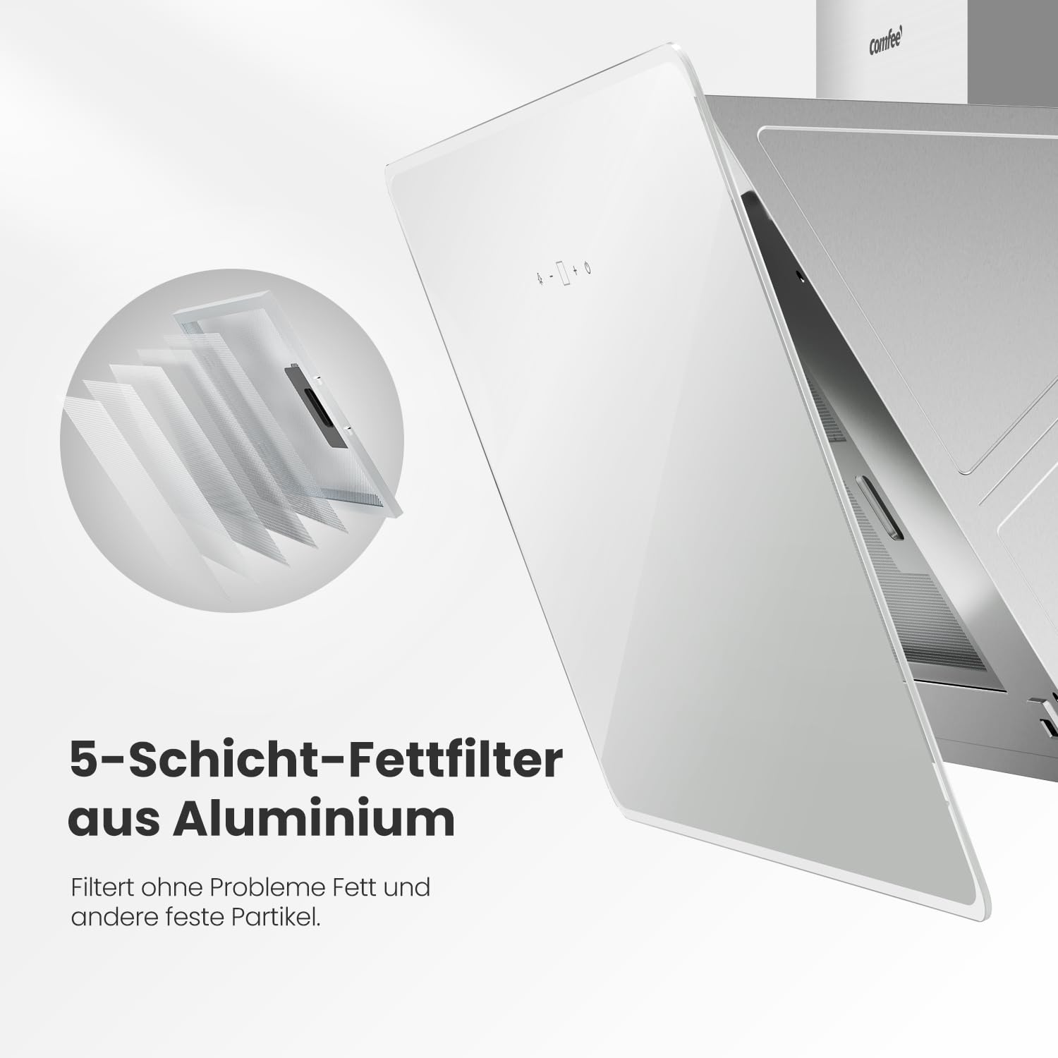 COMFEE' A+ Dunstabzugshaube 60cm CHK 3.6J64A1W Wandhaube aus gehärtetem Glas und Edelstahl mit Touchscreen, LED und Umluft- und Kanalsystem Wandmontierte Dunstabzugshaube, Weiß