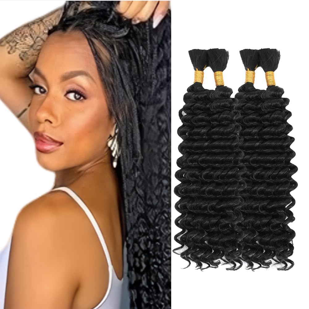 Tuheerst #1B Natural Black Color 34 34 34 34 Inch Deep Wave Human Braiding Hair 200g 4 Bundles/pack Soft and Smooth No Weft Human hair Extension For Boho Braids