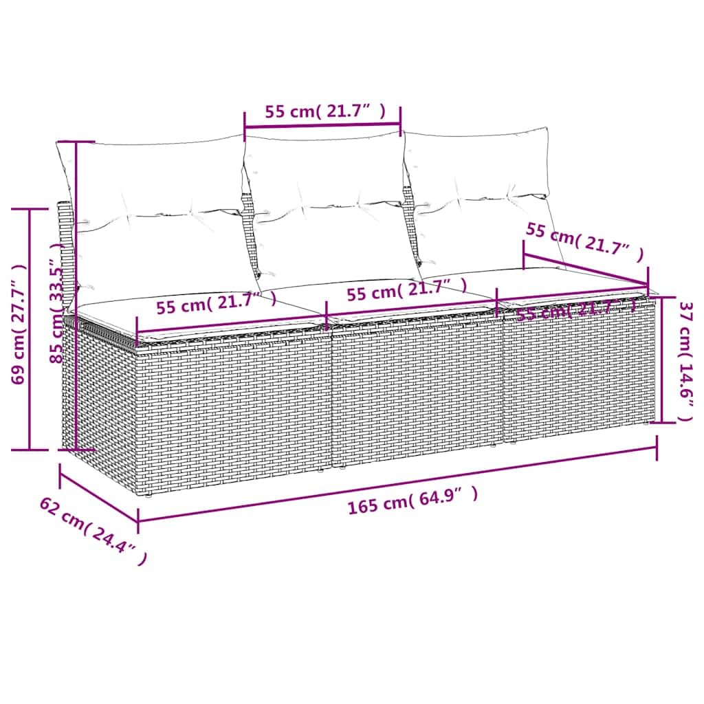 vidaXL Sofá de Jardín de 3 Plazas con Cojines, Sillón de Exterior, Sofá Modular, Asiento para Patio Terraza Balcón, Ratán Sintético Negro