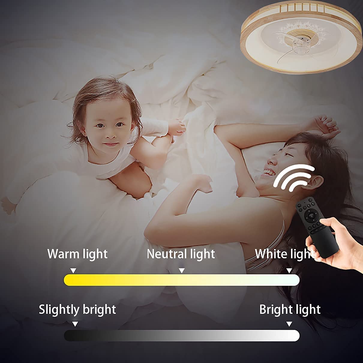 Lampy Ronde houten plafondventilatorlamp, 3 kleuren traploos dimmen LED-kroonluchter, inbouw-plafondventilator met laag profiel Meble