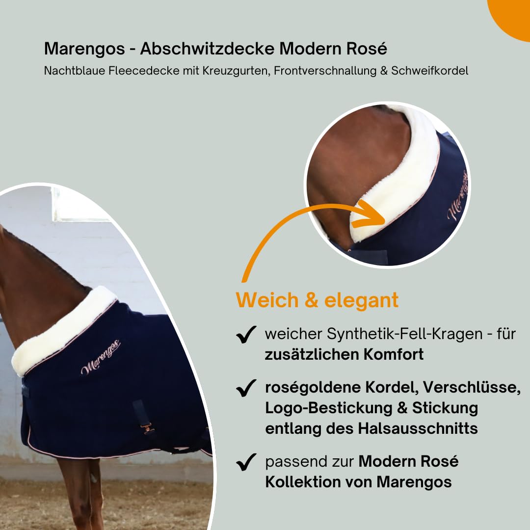 Marengos - Abschwitzdecke Modern Rosé | Fleecedecke m. Kreuzgurten, Frontverschnallung, Schweifkordel & roségoldenen Verzierungen | atmungsaktive Pferdedecke | Pferde Zubehör in Nachtblau | 135 cm | Fleecedecke mit Kreuzgurten, Frontverschnallung, Schweif
